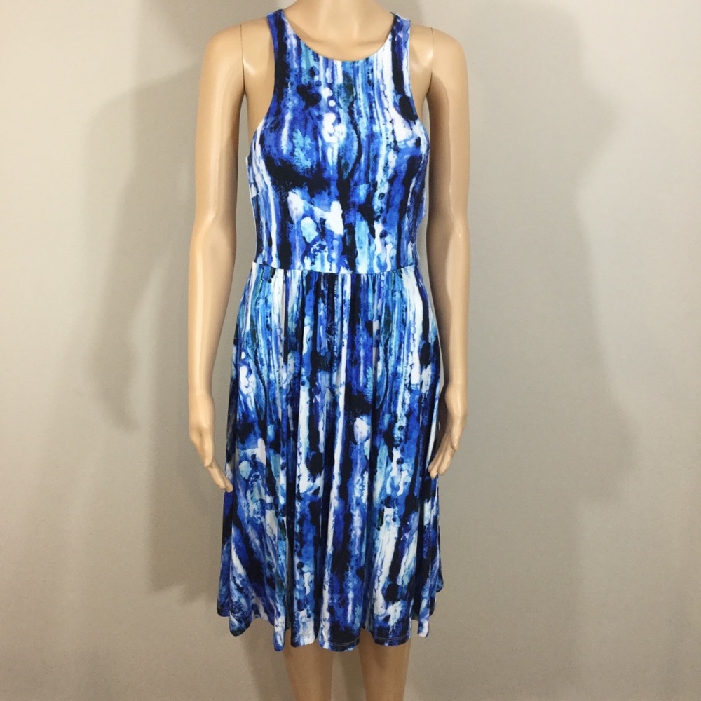 Felicity & Coco Blue Watercolor Fit and Flare Sleeveless Dress